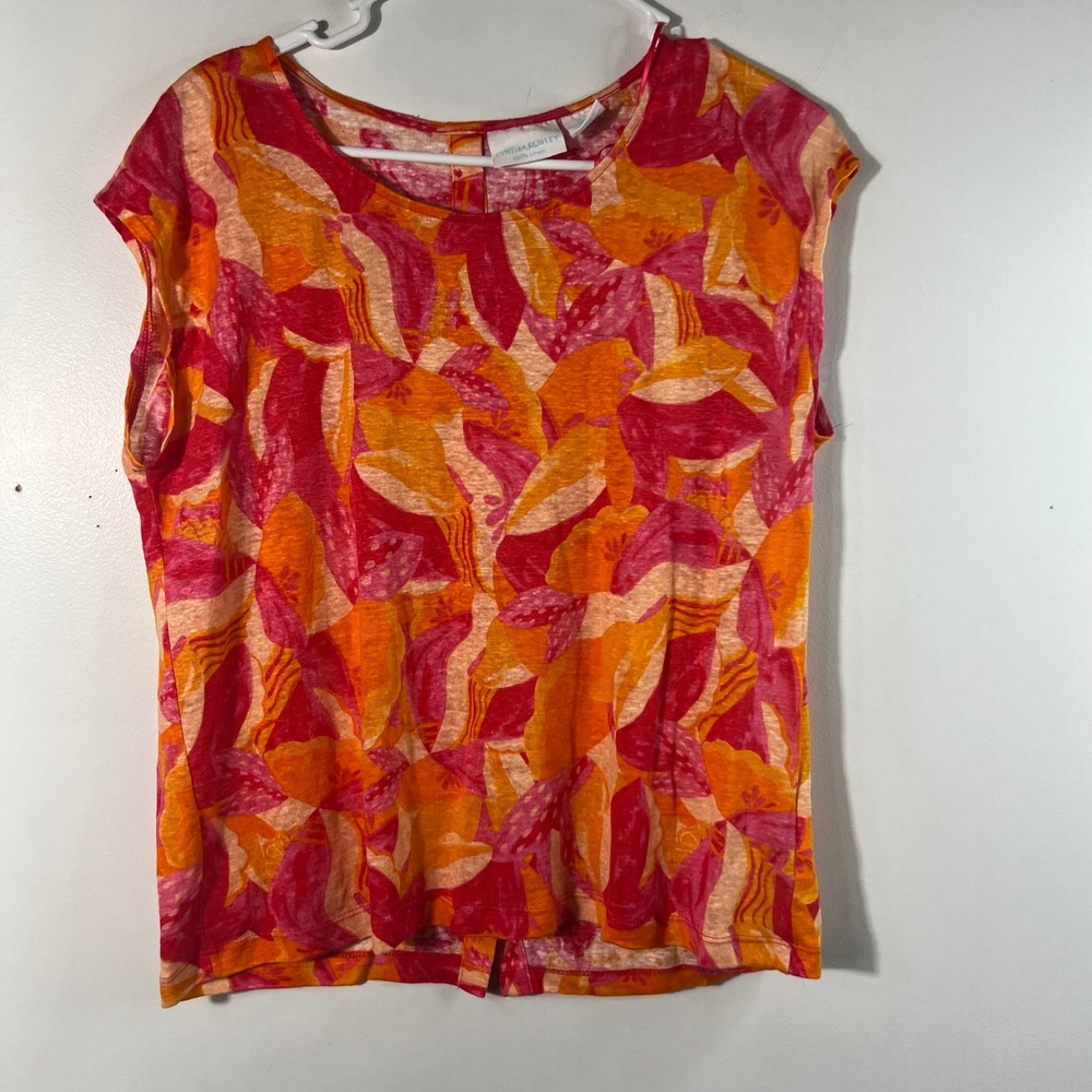 Cynthia Rowley Linen Sleeveless Floral Tee Shirt Pink Orange M Back Button